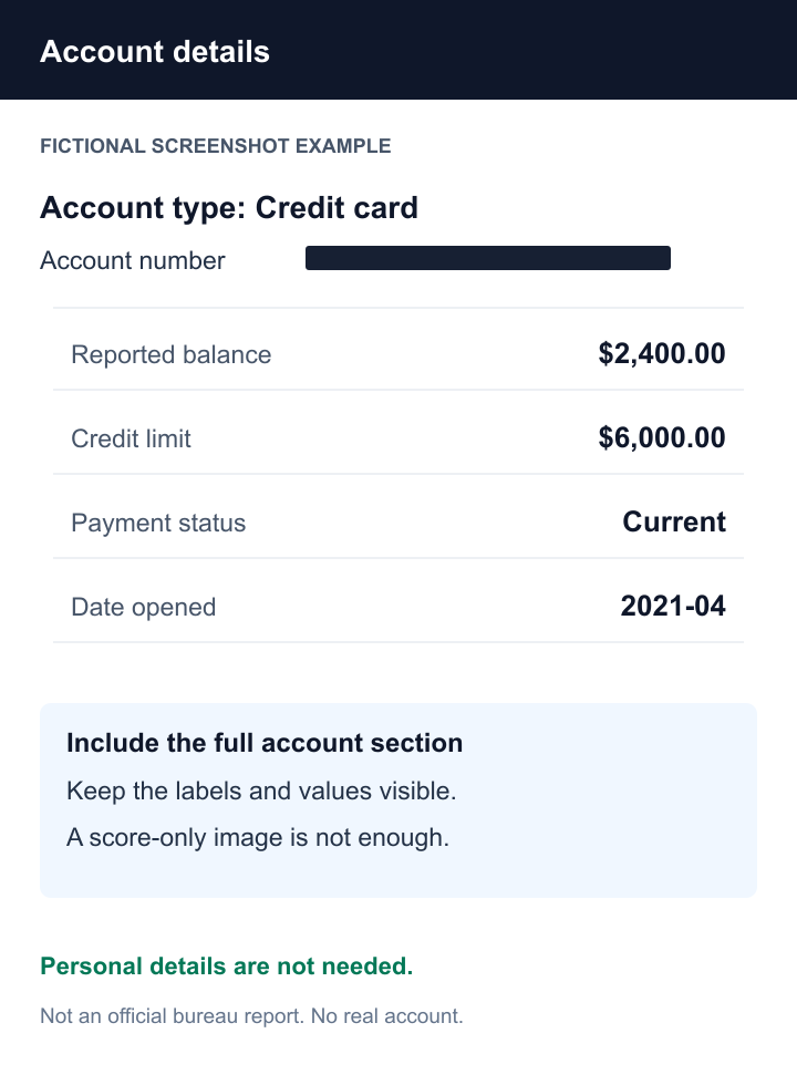 Fictional credit account screenshot used as input to the example parser