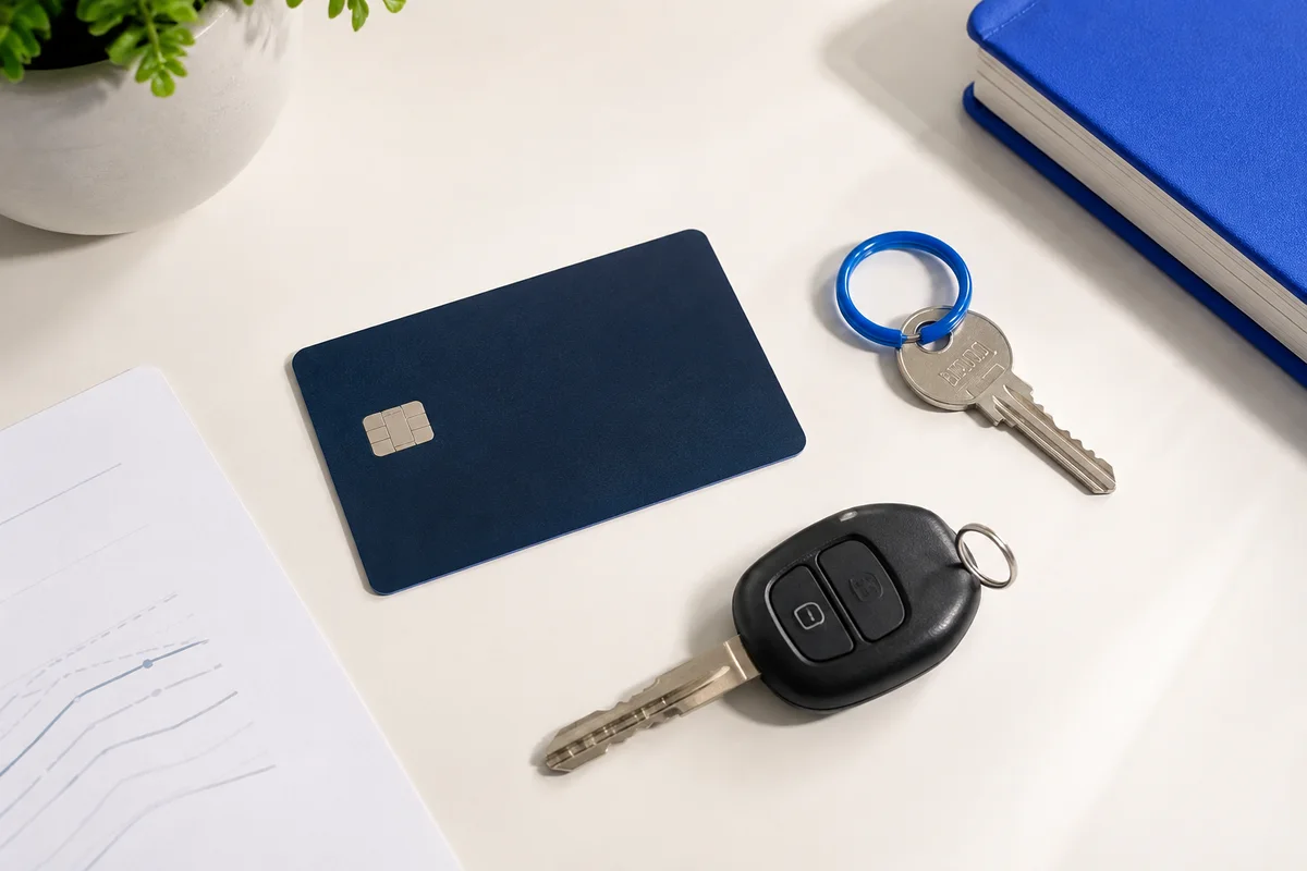 Illustration of a payment card, car key and house key representing different types of borrowing.