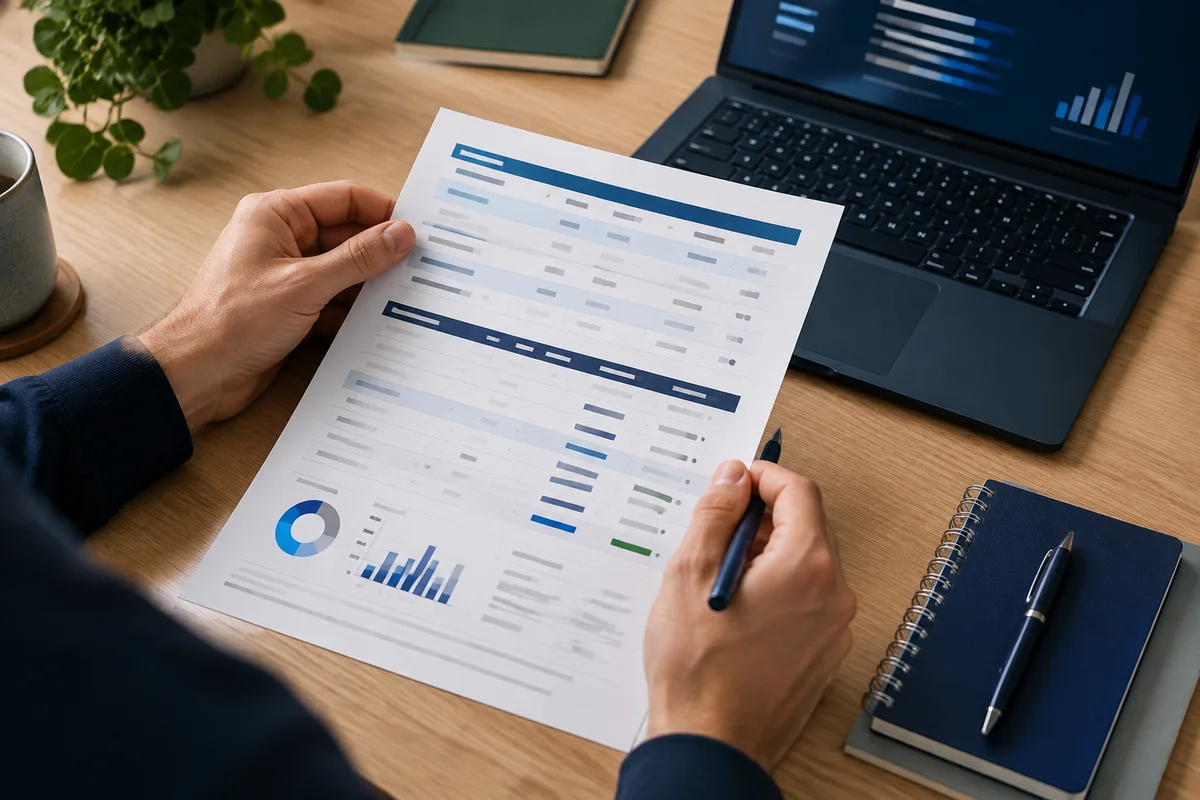Illustration of someone reading a financial report beside a laptop and notebook.